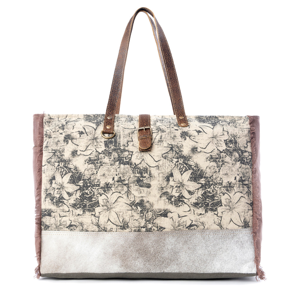 Myra Floweret Weekender Bag for Women – Floral Printed Front, Buckle Closure, Fringed Edges for Travel Chic - Myra USA