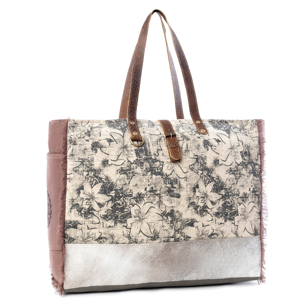Myra Floweret Weekender Bag for Women – Floral Printed Front, Buckle Closure, Fringed Edges for Travel Chic - Myra USA