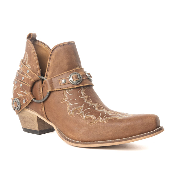 Western Ember Leather Embroidered Booties in Canyon Brown - Myra USA