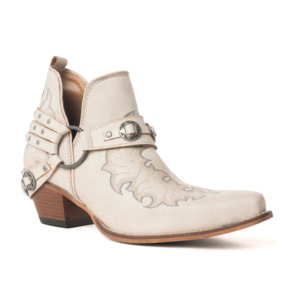 Western Ember Leather Embroidered Booties in White - Myra USA
