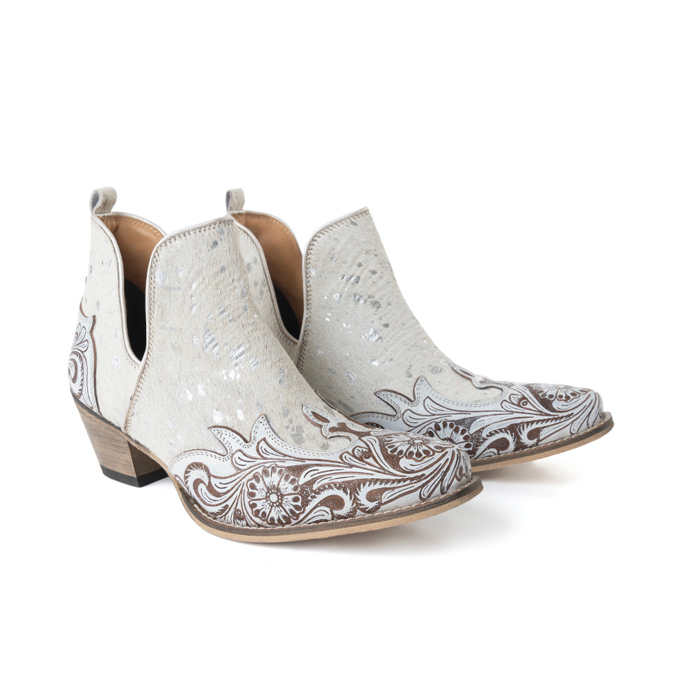 Myra Starlit Range Handtooled Leather Booties in Frosted Mist - Myra USA
