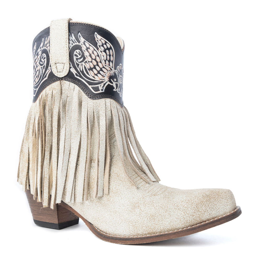 Canyon Night Bird Fringe Booties in Cream - Myra USA