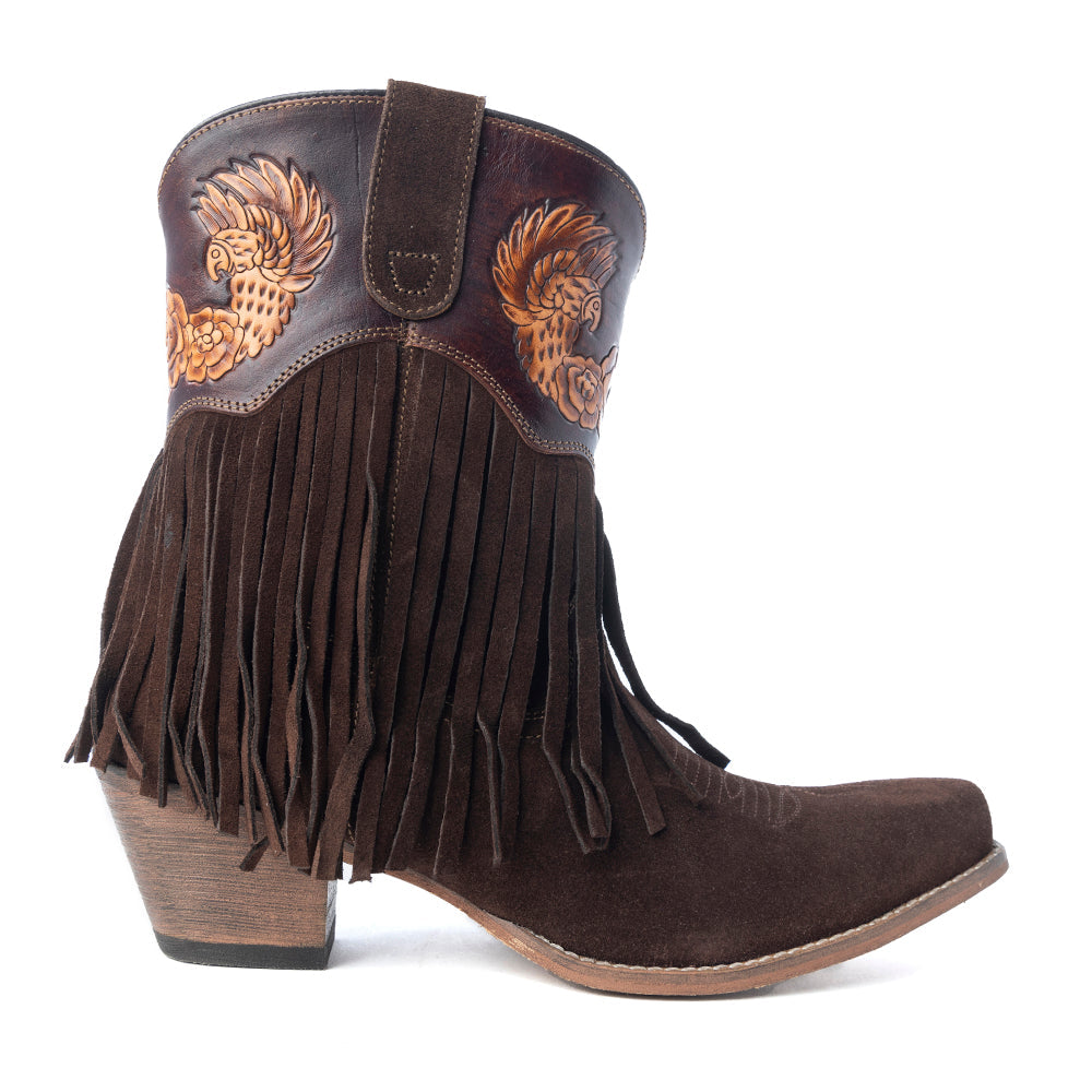 Phoenix Rising Fringe Western Booties in Tawny Brown - Myra USA