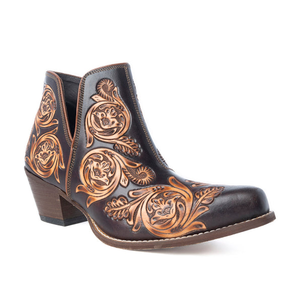 Bronzed Western Leather Art Booties in Brown - Myra USA