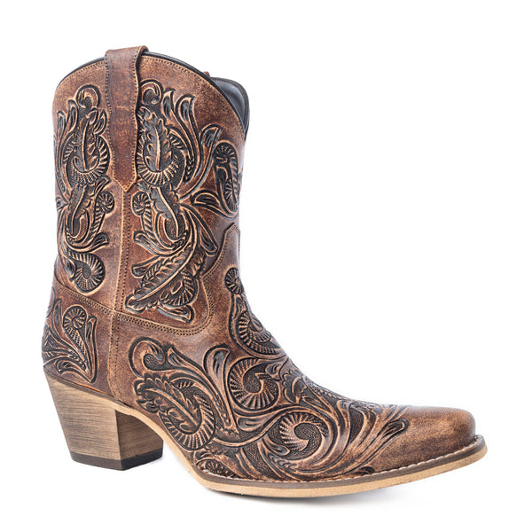 Paisley Vintage Patina Western Booties in Tawny Brown - Myra USA