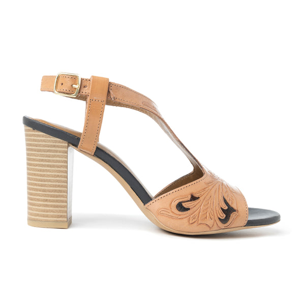 Rodeo Rose Handtooled Leather Heels in Amber Brown - Myra USA