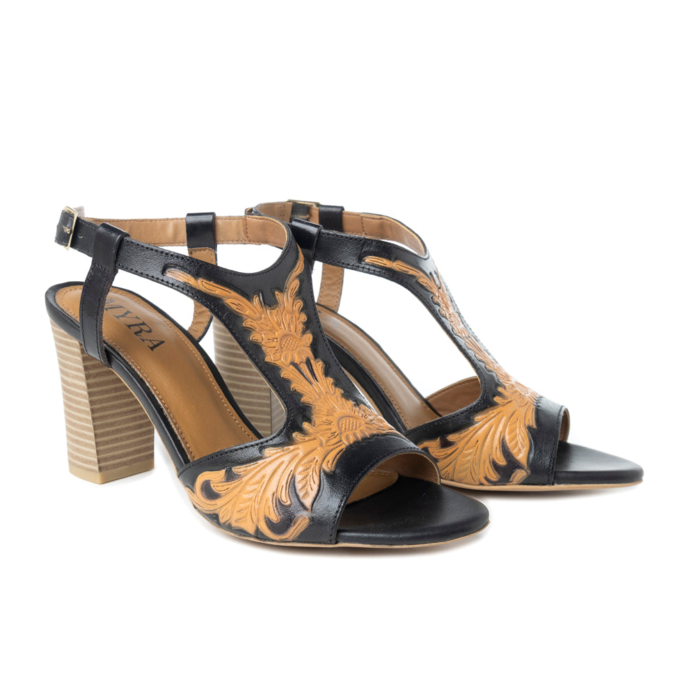 Rodeo Rose Handtooled Leather Heels in Natural Brown