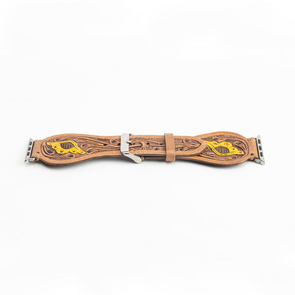 Lone Star Handtooled Leather Watch Band in Antique Tan - Myra USA