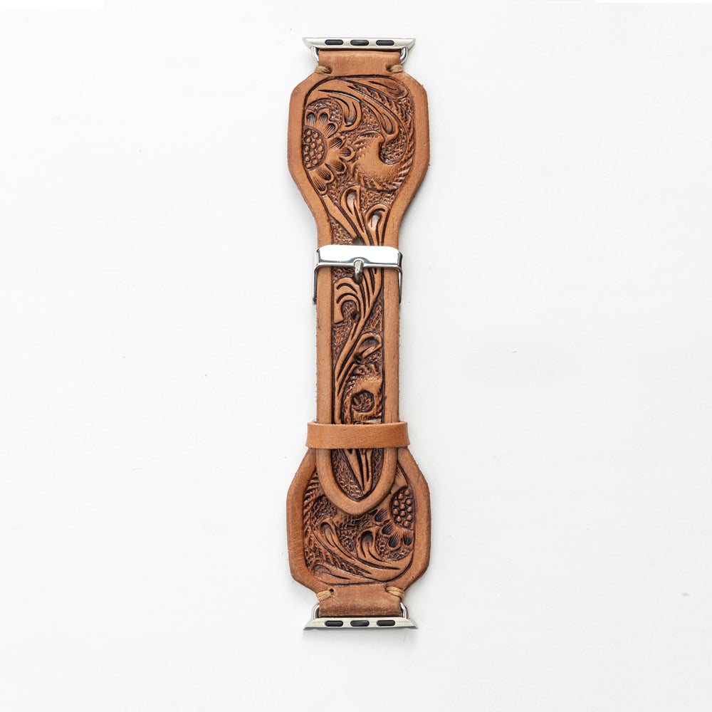 Lone Star Handtooled Leather Watch Band in Antique Saddle Brown