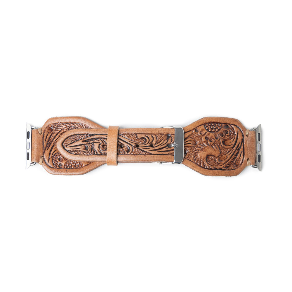 Lone Star Handtooled Leather Watch Band in Antique Saddle Brown