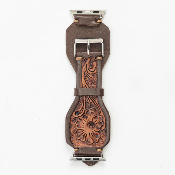 Lone Star Handtooled Leather Watch Band in Antique Mahogany - Myra USA