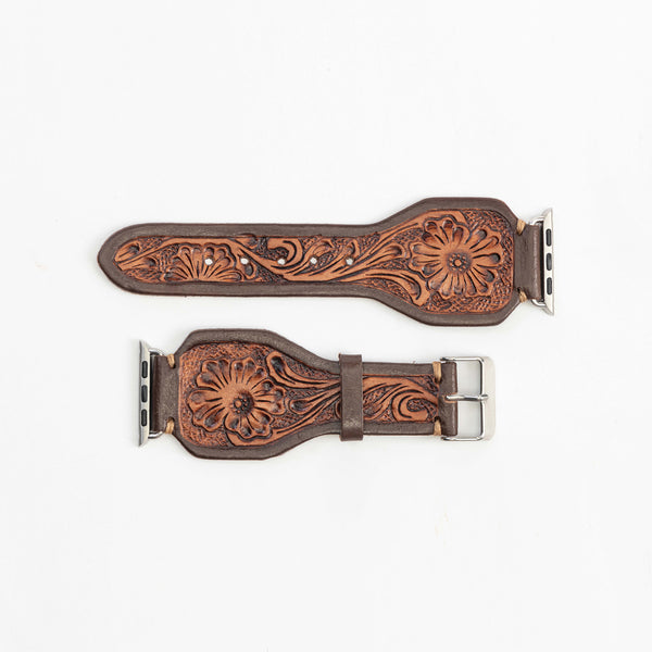 Lone Star Handtooled Leather Watch Band in Antique Mahogany - Myra USA