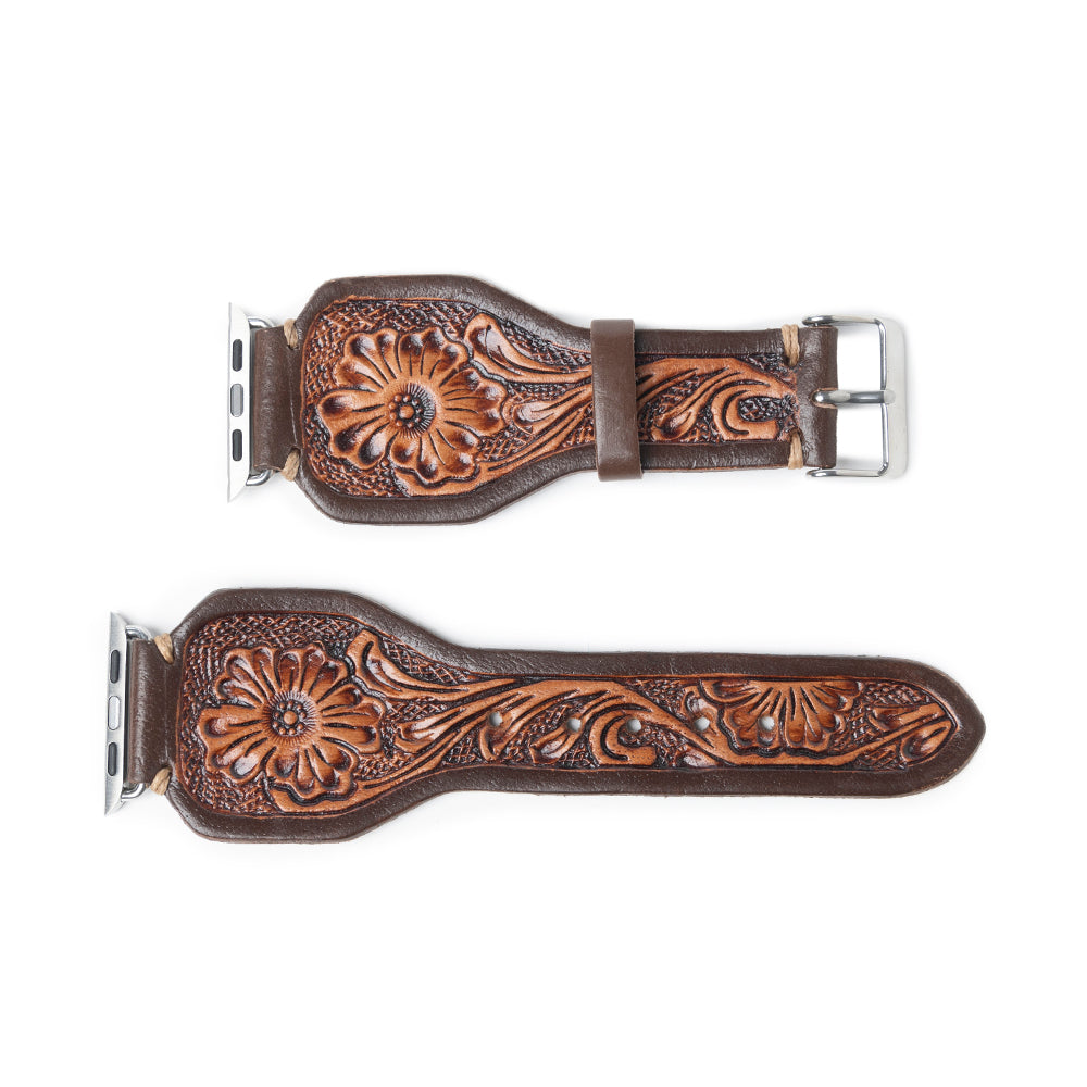 Lone Star Handtooled Leather Watch Band in Antique Mahogany