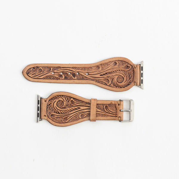 Lone Star Handtooled Leather Watch Band in Light Saddle Tan - Myra USA