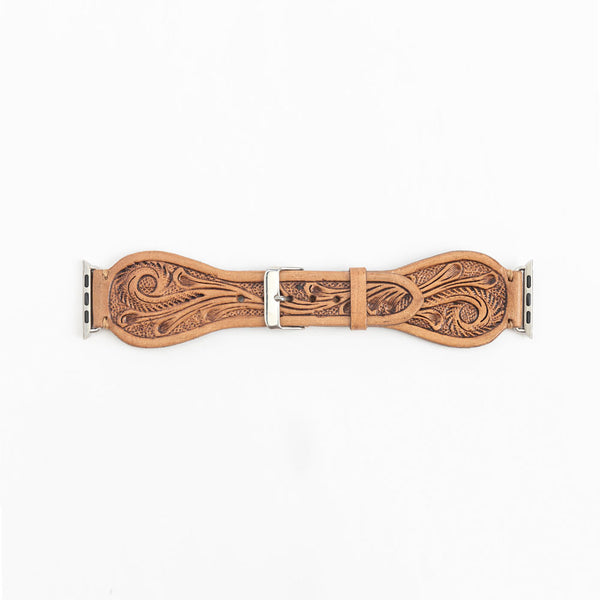 Lone Star Handtooled Leather Watch Band in Light Saddle Tan - Myra USA