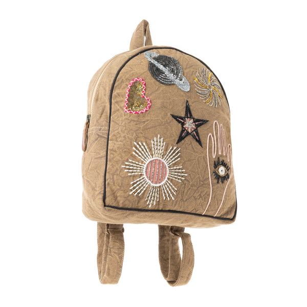 Boho Cosmic Upcycled Canvas Backpack in Vintage Taupe - Myra USA