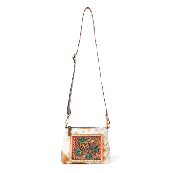 Santa Fe Bloom Handtooled Bag in Rustic Hide & Ivory - Myra USA