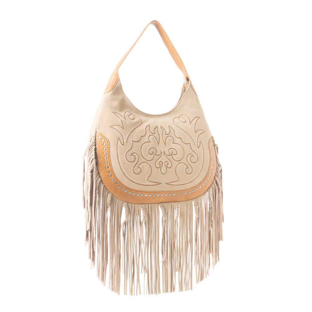 Sage Whisper Fringe Leather Bag in Beige