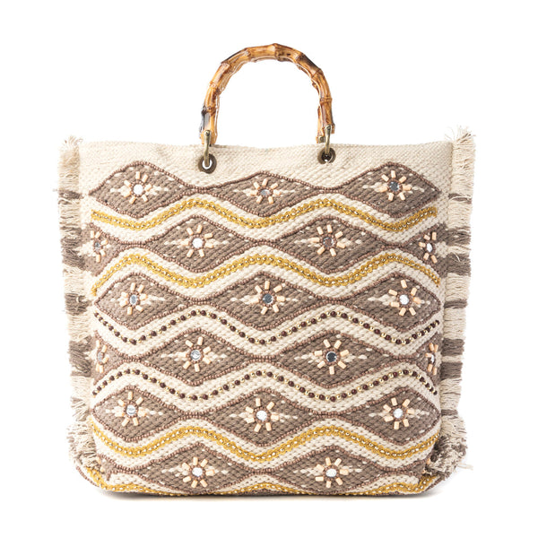 Myra Harvest Dune Hand Embroidered Tote Bag in Misty Taupe - Myra USA