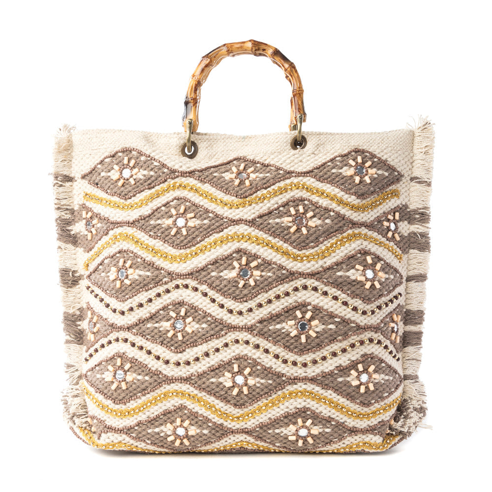 Myra Harvest Dune Hand Embroidered Tote Bag in Misty Taupe