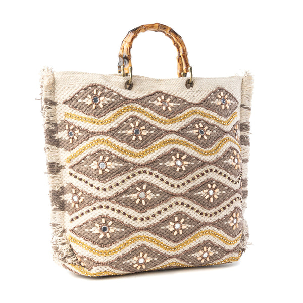 Myra Harvest Dune Hand Embroidered Tote Bag in Misty Taupe - Myra USA
