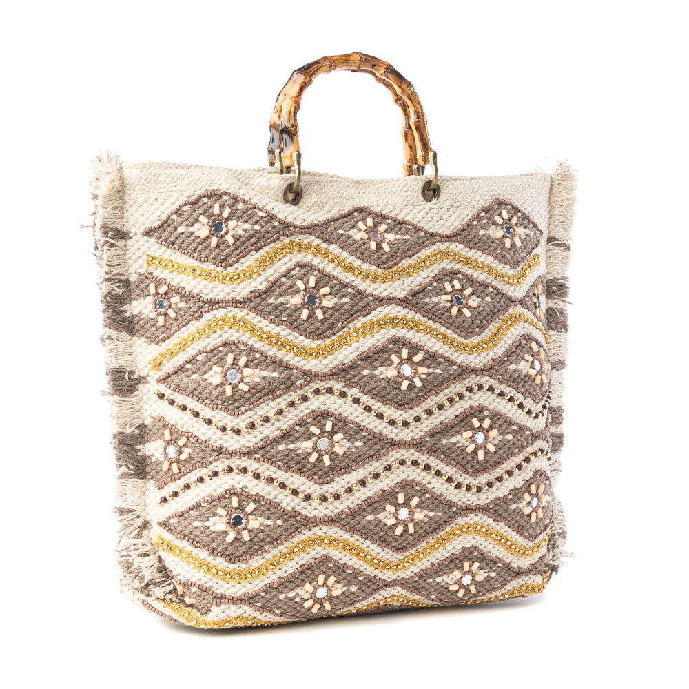 Myra Harvest Dune Hand Embroidered Tote Bag in Misty Taupe