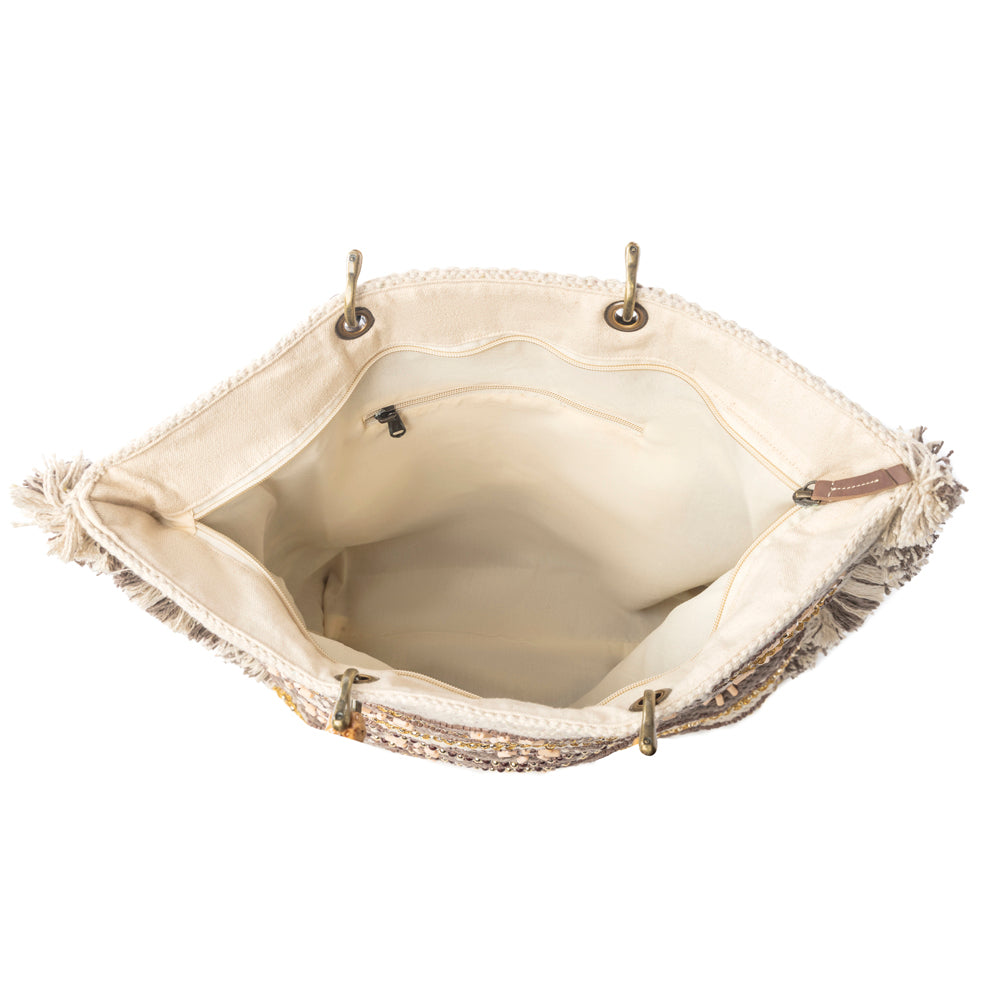Myra Harvest Dune Hand Embroidered Tote Bag in Misty Taupe