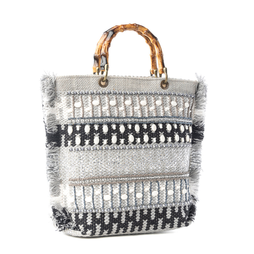 Myra Tundra Trail Hand Embroidered Tote Bag in Silver Dune