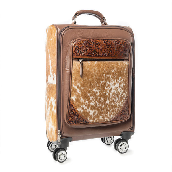 Myra Desert Fawn Handtooled Hairon Leather Trolley in Amber Fawn - Myra USA