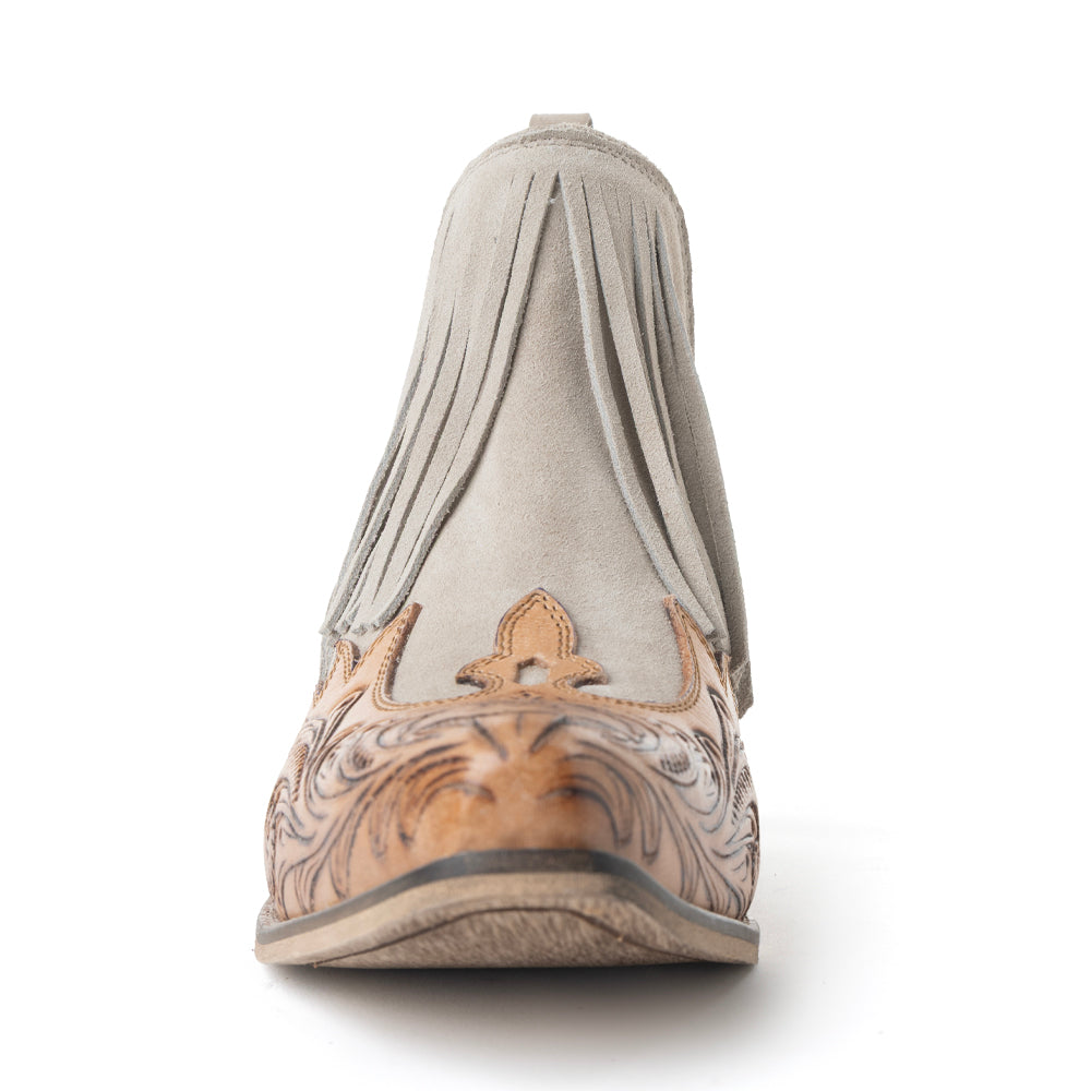 Myra Cimarron Belle Fringed Handtooled Leather Booties in Wild Tan - Myra USA