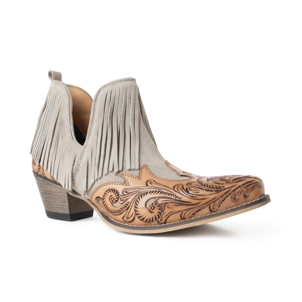 Myra Cimarron Belle Fringed Handtooled Leather Booties in Wild Tan - Myra USA