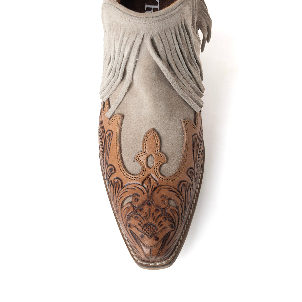 Myra Cimarron Belle Fringed Handtooled Leather Booties in Wild Tan - Myra USA