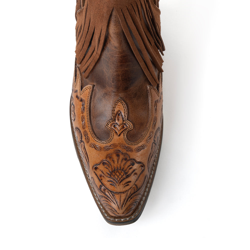 Myra Wild Ember Fringed Handtooled Leather Booties in Golden Rust - Myra USA
