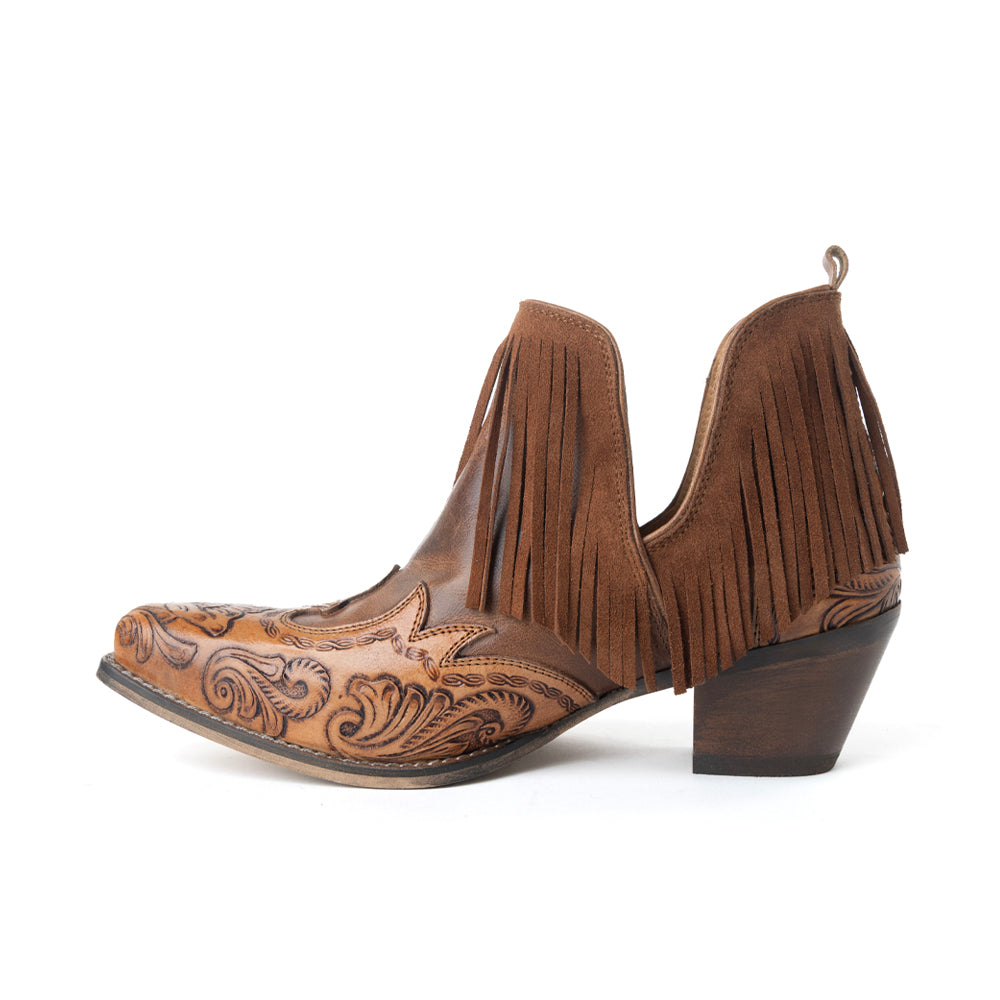 Myra Wild Ember Fringed Handtooled Leather Booties in Golden Rust - Myra USA