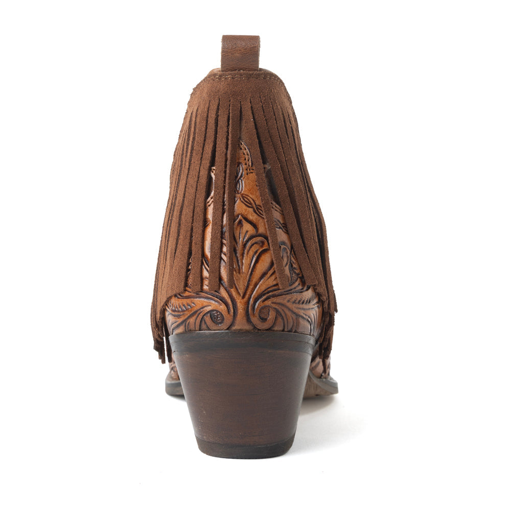 Myra Wild Ember Fringed Handtooled Leather Booties in Golden Rust - Myra USA