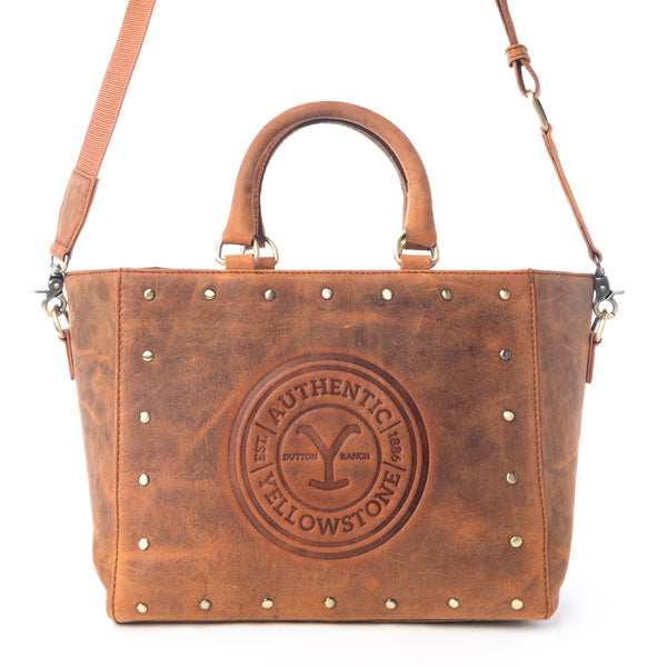 Yellowstone Valley Soul Studded & Embossed Tote Leather Bag in Amber - Myra USA