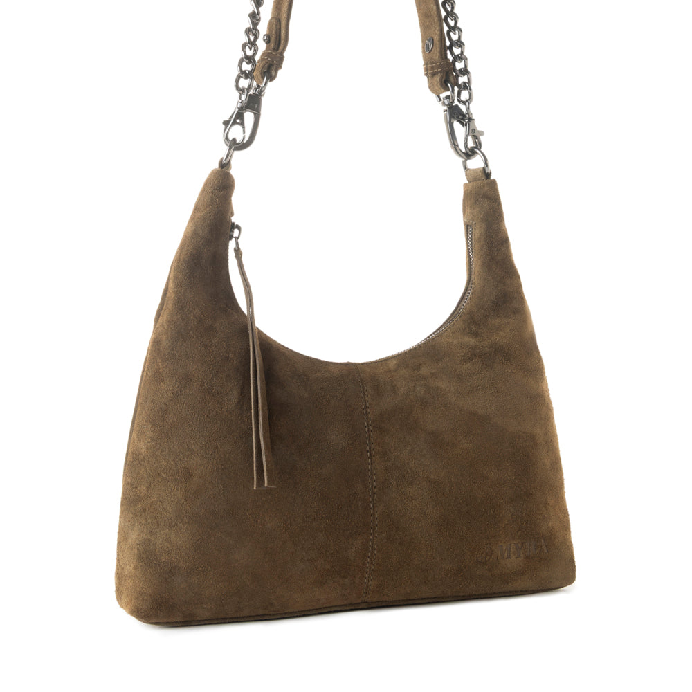 Juniper Trail Genuine Suede Bag for Women in olive with soft finish with extra strap - Myra USA