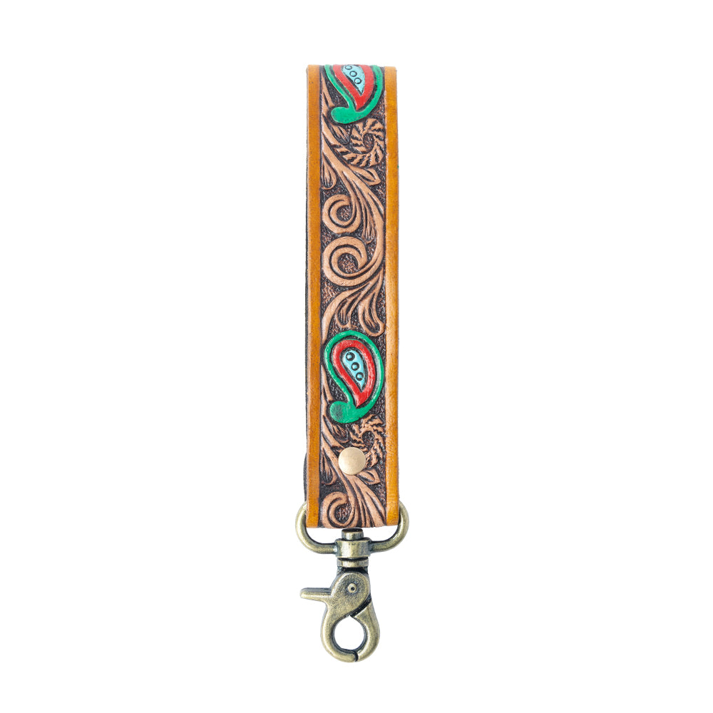 Myra Emerald Ember Handtooled Leather Keyfob in Desert Green