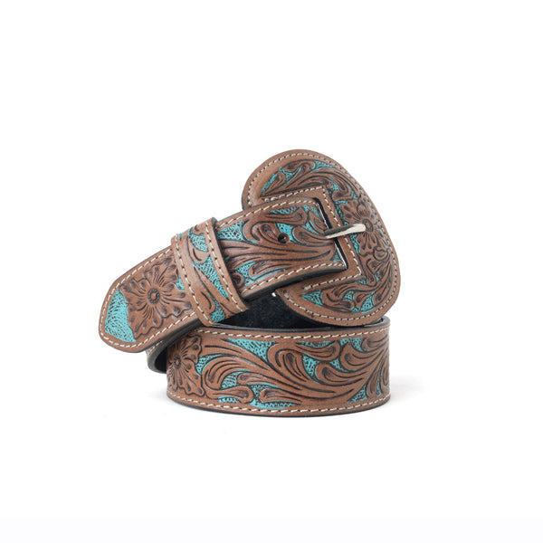 Western Wreath Leather Belt in Bronco Sky - Myra USA