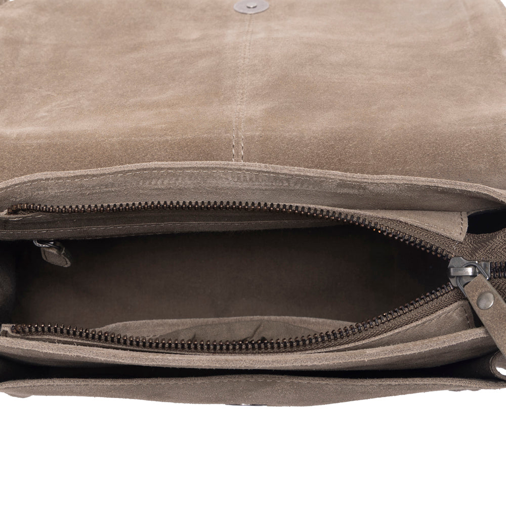 Myra Amberwood Suede Leather Boot Embroidered Bag in Olive Taupe - Myra USA