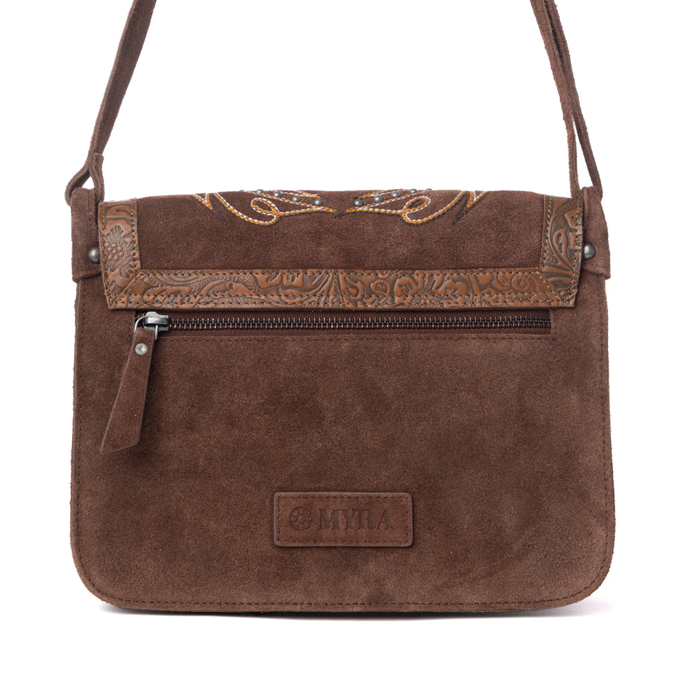 Myra Amberwood Suede Leather Boot Embroidered Leather Bag in Chestnut Brown - Myra USA