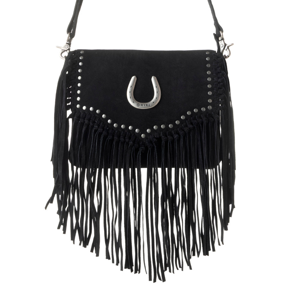 Lucky Charm Leather Bag for Women in black with fringe and horseshoe detail - Myra USA