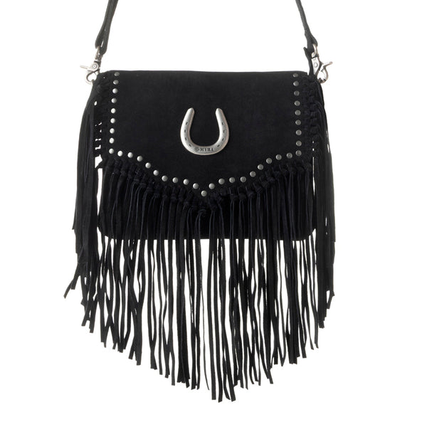 Lucky Charm Leather Bag for Women in black with fringe and horseshoe detail - Myra USA