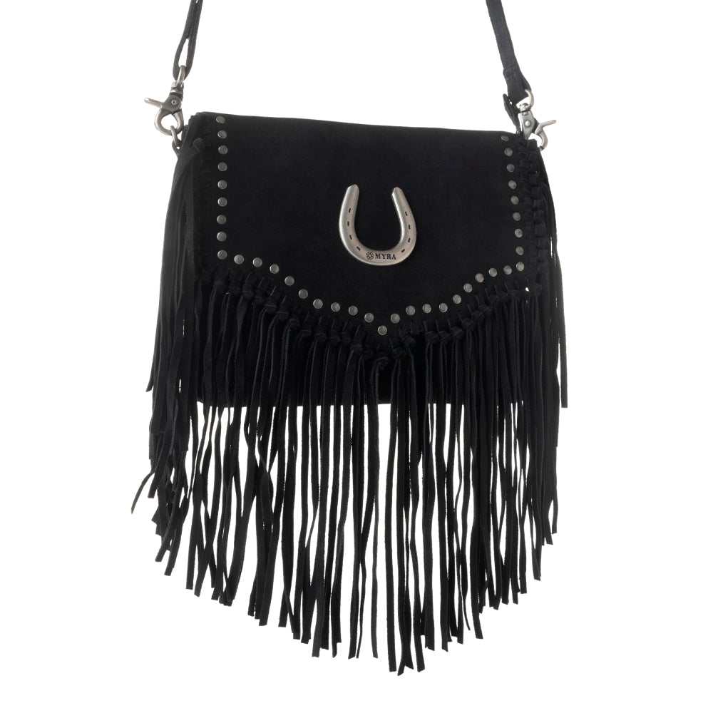 Lucky Charm Leather Bag for Women in black with fringe and horseshoe detail - Myra USA