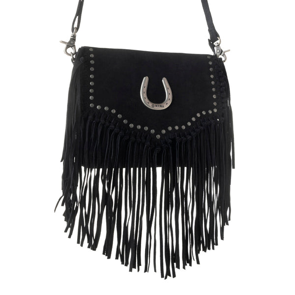 Lucky Charm Leather Bag for Women in black with fringe and horseshoe detail - Myra USA