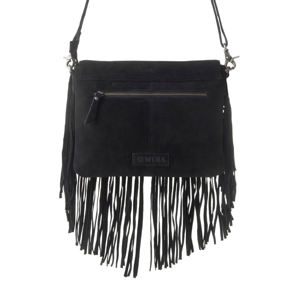 Lucky Charm Leather Bag for Women in black with fringe and horseshoe detail - Myra USA