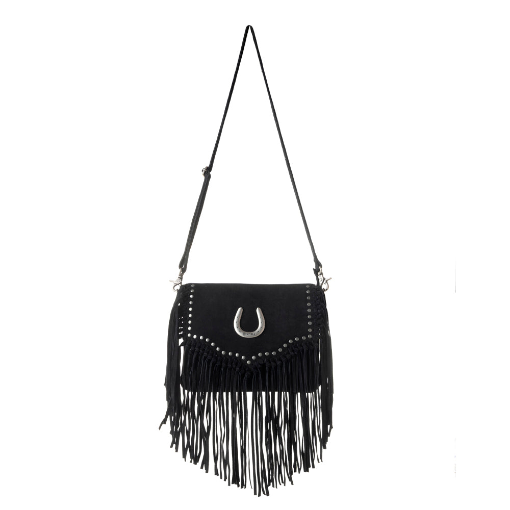Lucky Charm Leather Bag for Women in black with fringe and horseshoe detail - Myra USA