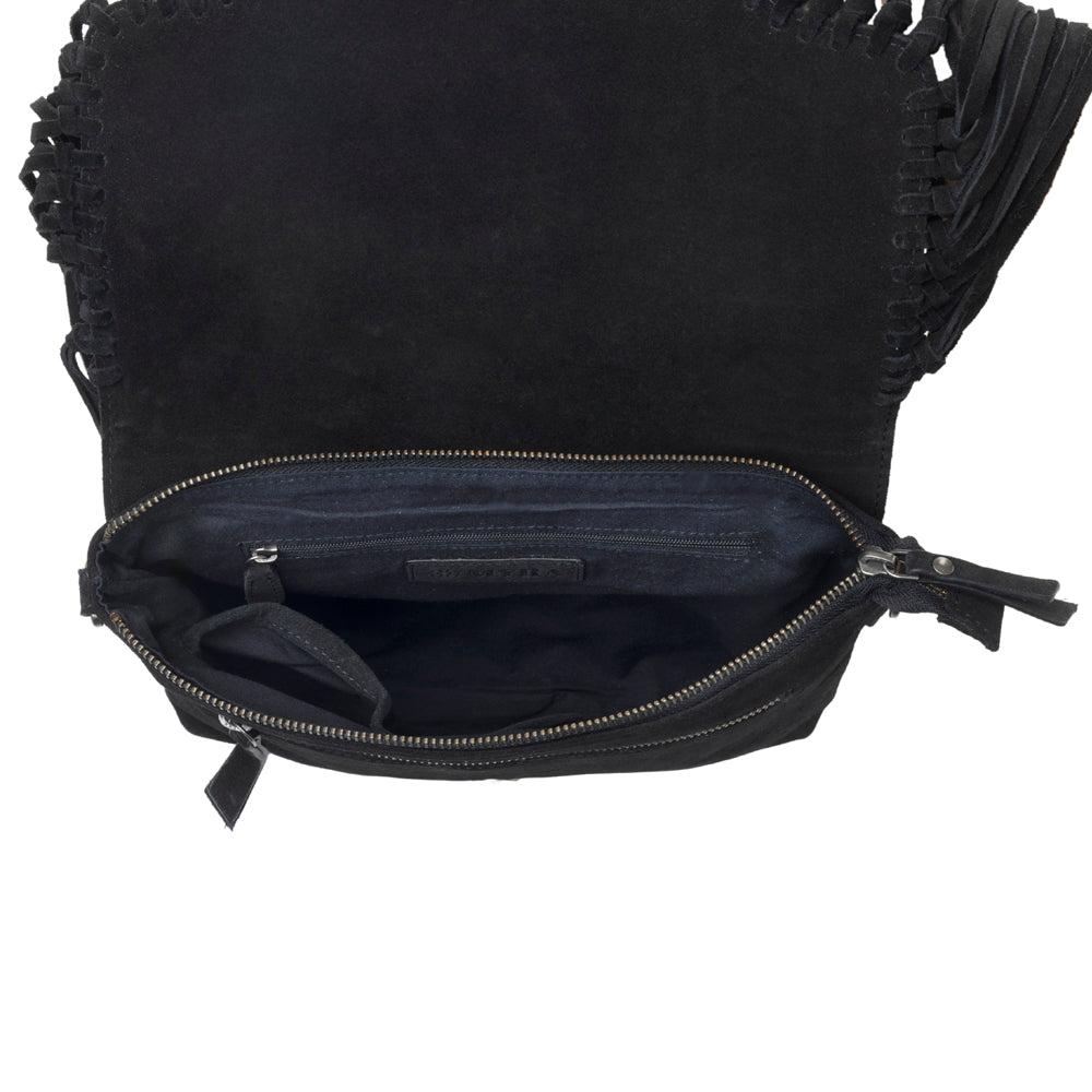 Lucky Charm Leather Bag for Women in black with fringe and horseshoe detail - Myra USA