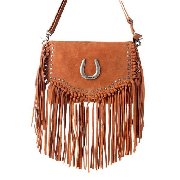 Lucky Charm Leather Bag for Women in Brown with fringe and horseshoe detail - Myra USA