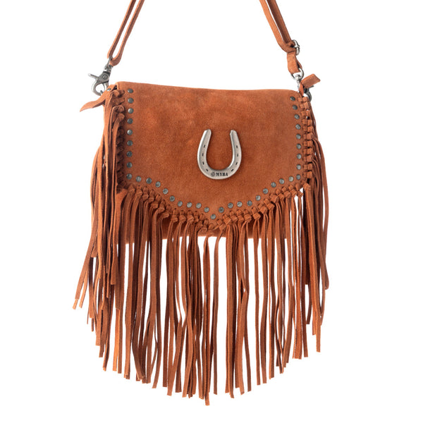 Lucky Charm Leather Bag for Women in Brown with fringe and horseshoe detail - Myra USA